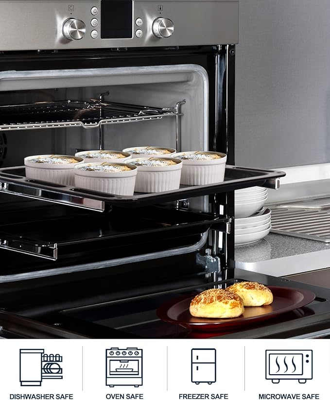 DELLING Ramekins 12 Oz Oven Safe Set of 6, Porcelain Souffle Dish for Baking - Creme Brulee Bowls for French Onion Soup Lava Cake Pudding, Stackable, White