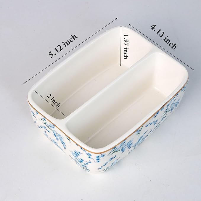 2 Compartments Ceramic Sponge Holder for Kitchen Sink, Cute Floral Pattern Countertop Dish Sponges Holder Soap Sink Organizer Caddy Farmhouse Home Kitchen Decor Blue Blossom