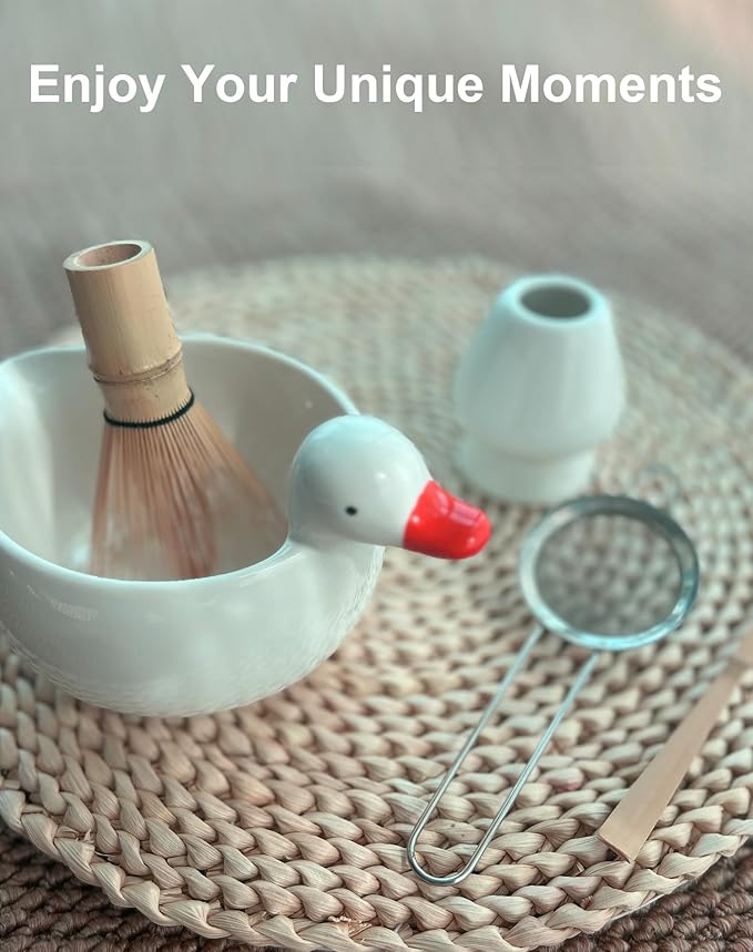 Matcha Whisk Set, Matcha Set with Cute Duck Inspired Matcha Bowl with Spout & Handle, Bamboo Whisk (Chasen), Holder, Scoop, Sifter, Complete Matcha Kit for Latte, Gifts