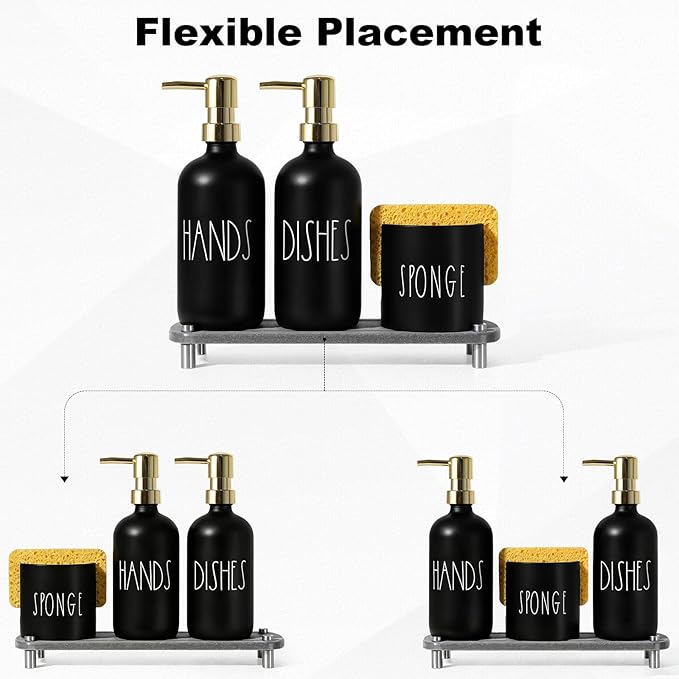 Kitchen Soap Dispenser Set, 16.9 fl oz Hand and Dish Soap Dispensers with Tray, Black and Gold Kitchen Soap Dispenser Set with Sponge Holder, Instant Dry Tray, Gold&Black
