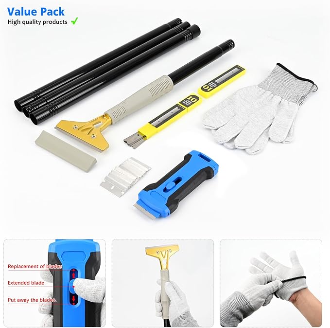 EHDIS 15''-58'' Long Handle Adjustable 4'' Razor Blade Scraper Tool Floor Wallpaper Cooktop Scraper for Cleaning Concrete, Vinyl, Tile,Floors, Walls