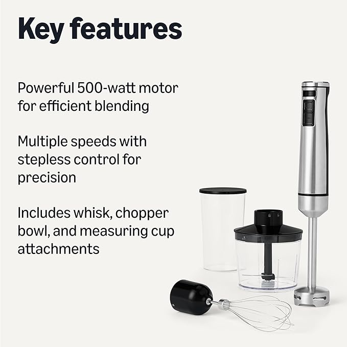 Amazon Basics 500 Watt Multi-Speed Immersion Hand Blender with Attachments, Corded, Silver