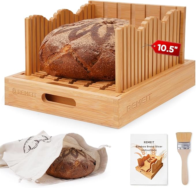 Bread Slicer for Homemade Bread, Adjustable Large Bamboo Sourdough Bread Slicer with Slicing Guide & Crumb Tray, Bread Loaf Cutter for Sourdough, Cakes & Bagels – Baking Gift