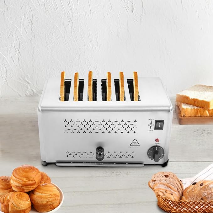 Stainless Steel 6 Slice Toaster, Electric Bread Baking Machine Commercial Toaster with Crumb Tray and Timer Bread Toasters for Home Kitchen Restaurant Bakery (3 Modes/1650W)