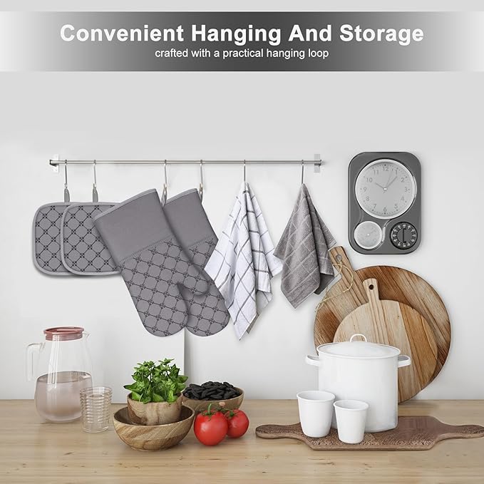 Oven Mitts Kitchen Towels Dishcloths with Pot Holders Sets 12PCS, Dish Towels Sets, Oven Gloves Pot Pads Heat Resistant 500 Degrees with Non-Slip Silicone Surface for Cooking Baking Grilling-Grey