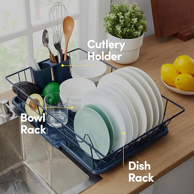 Sweet Home Collection Space-Saving 3-Piece Dish Drainer Rack Set: Efficient Kitchen Organizer for Quick Drying and Storage - Includes Cutlery Holder and Drainboard - Maximize Countertop Space, Navy