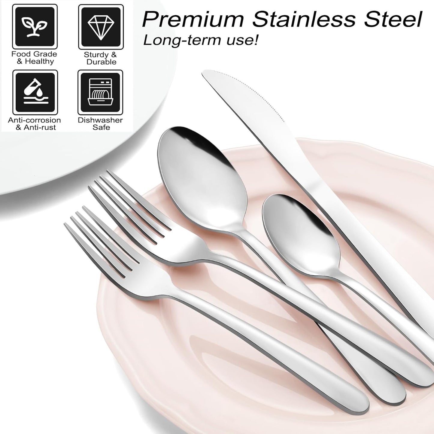 Pleafind 24-Piece Silverware Set - Stainless Steel Flatware with Steak Knives, Forks, Spoons, Knives - Dishwasher Safe for Home or Restaurant