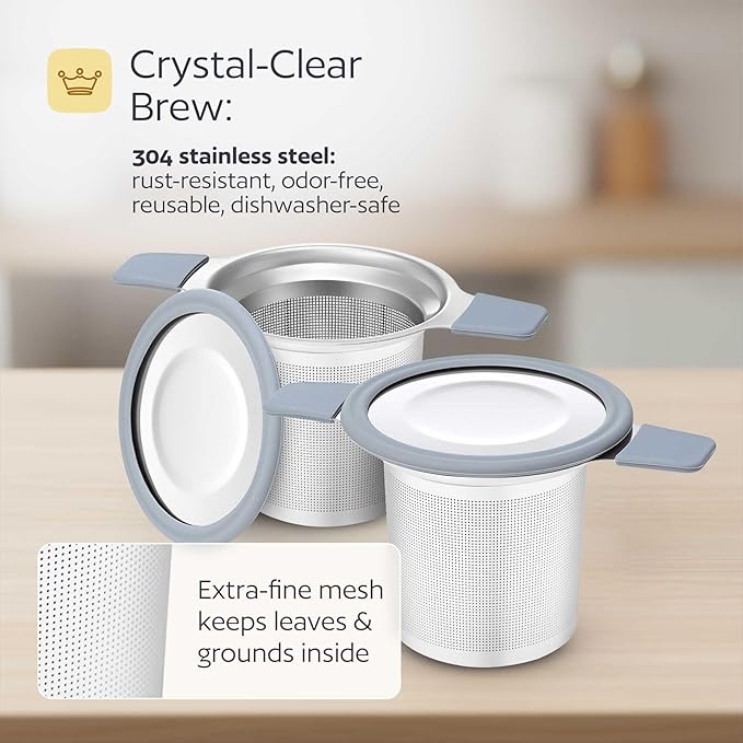 Stainless Steel Tea Infuser for Loose Leaf Tea – Extra Fine Mesh Strainer with Heat Proof Double Handles & Lid, Reusable Filter Fits Mugs, Cups & Teapots, Gray