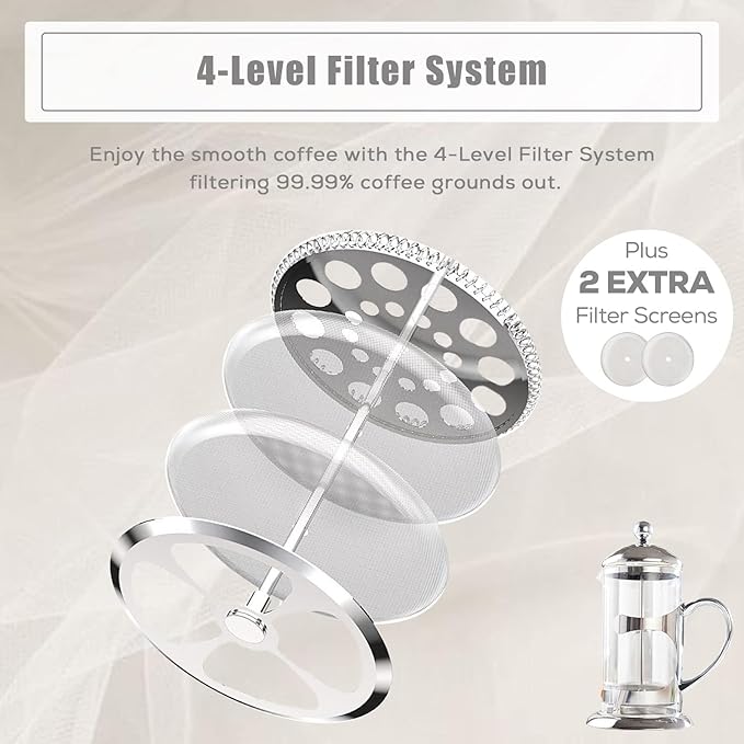 DUJUST Silver French Press Coffee Maker, Luxury Design French Coffee Press with 4-Level Filter System, High-Grade Glass for Hot & Cold Resistance, Include Long Size 304 Stainless Steel Spoon - 34oz
