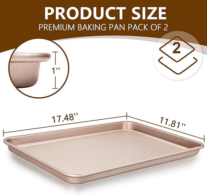 Wildone 2 Pack Half Sheet Baking Pans, Honeycomb Embossed Nonstick Baking Sheet 17.5x12 In, Thicker Carbon Steel Cookie Sheet, Even Heating & Warp Resistant, Rose Gold