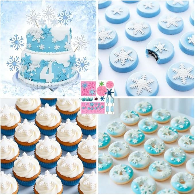 4 Pieces 3D Snowflake Silicone Mold Winter Snowflake Fondant Silicone Mold for Cake Cupcake Decoration Polymer Clay Crafting Projects