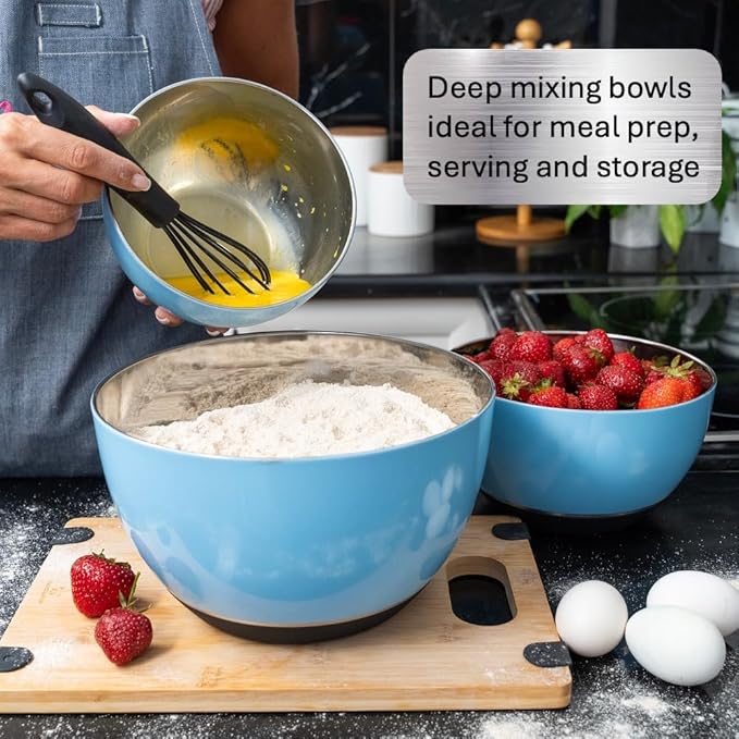 WHYSKO® Stainless Steel Mixing Bowls (Set of 3) with Non-Slip Silicone Base for Kitchen, Dishwasher Safe Bowls for Meal Prep, Cooking, Baking, Serving, Food Storage (Light Blue)
