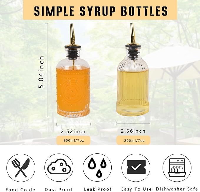 ChezMax Coffee Syrup Dispenser Bottles, 7 oz Glass Containers with Metal Pour Spout, Coffee Bar Accessories, 2 Pack