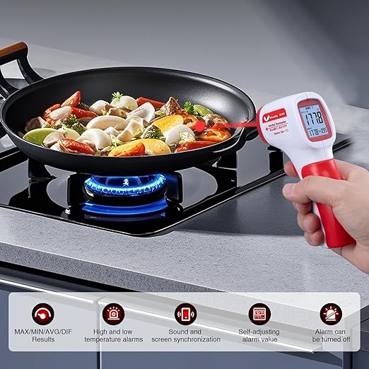 Infrared Thermometer for Meat,Laser Temperature Gun,-58~1112°F,DS 12:1 Digital IR Temp Gun with Adjustable Emissivity&High/Low Alarm,LCD Display Thermal Gun for Food Oven Cooking HVAC