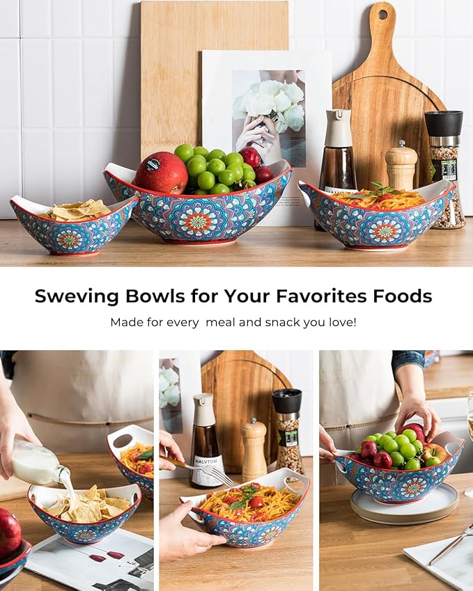 LAUCHUH Serving Bowls with Handles, Bohemian Porcelain Serving Dishes for Entertaining Colorful Nesting Bowls Salad Bowls for Kitchen, Mother's Day Party, Set of 3, 15/28/49 oz, Blue and Red