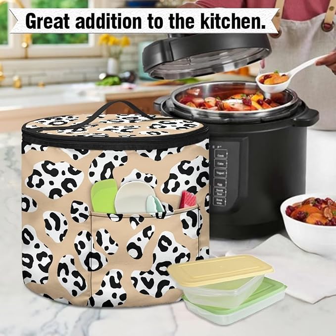 Electric Pressure Cooker Insulation Handbag Reusable Electric Pressure Cooker Storage Bag Zipper Closure Cover, Brown Cow Print