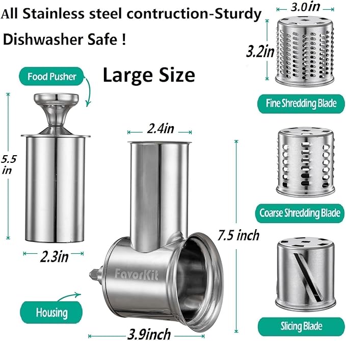 FavorKit Slicer Shredder Attachment for KitchenAid Mixers, Stainless Steel Cheese Grater Salad Maker Accessories with 3 Cutting Blades,Dishwasher Safe!