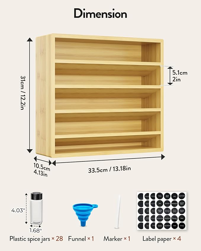 Orimade 4 Tier Spice Rack Organizer for Cabinet with 28 Plastic Spice Jars, Freestanding Bamboo Seasoning Rack for Countertop, Cupboard, Pantry, Kitchen, 13.18 x 4.13 x 12.2 inches