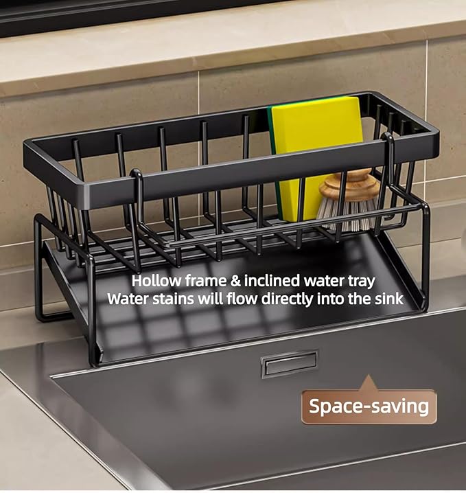 Stainless Steel Kitchen Sink Caddy, Sponge Holder Self Drain Soap Dish with Detachable Dishcloth Rack for Kitchen Countertop Organizer, White