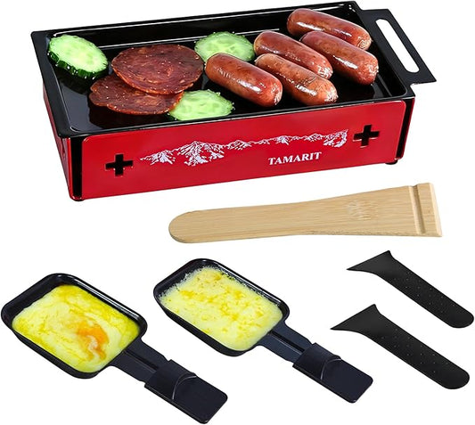 TAMARIT 2-Person Raclette Grill - Portable Candlelight Raclette Cheese Melter with Enamel Baking Tray & Non-Stick Pans - Compact Raclette Machine for Romantic Dinner, Picnic, BBQ, Camping, Red