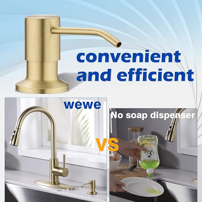 Gold Soap Dispenser for Kitchen Sink, WEWE Brushed Gold Soap Dispenser with Long Spout and Gold Soap Pump Built in Countertop Under Sink Stainless Steel