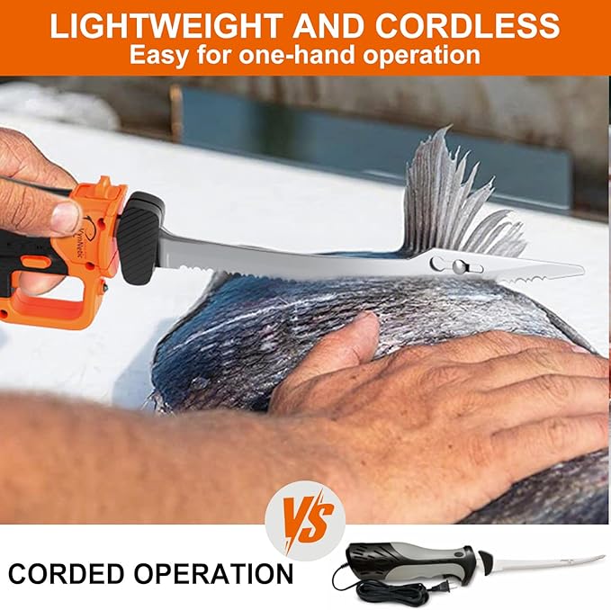 Cordless Electric Fillet Knife with 7'' and 9'' Stainless Steel Non-Stick Blades, Rechargeable Electric Knife for Fish with Non-Slip Grip Handle, 2 Batteries and Portable Case For Outdoor Fishing