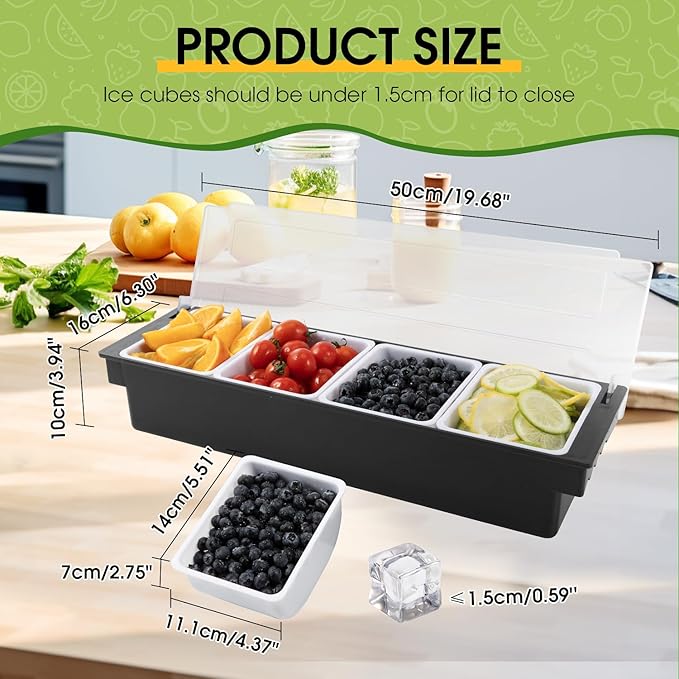 Fruit, Veggie & Condiment Caddy with Lid Dispenser Tray Garnish Station for Bartending & Serving Taco (1, 4 Compartment)