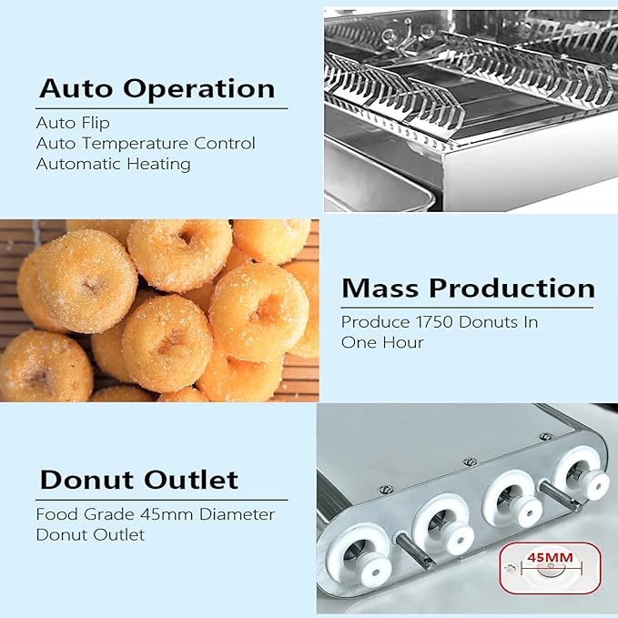 Kolice Commercial Mini Donuts Making Machine Frying Donuts Makchine - 4-Rows Production, 5.5L Hoppers, 1,800 Pcs Per Hour, Auto Counting, Timer and Temperature Control