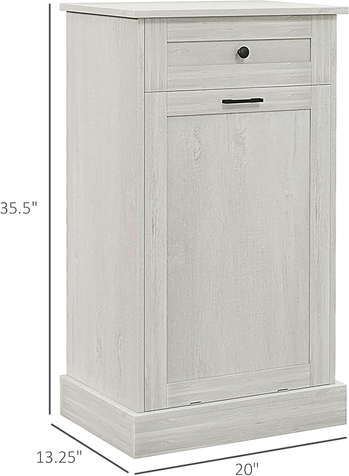 HOMCOM 10 Gallon Tilt Out Trash Cabinet, Wooden Hidden Trash Can with Storage Drawer for Kitchen, Laundry Hamper Cabinet for Bathroom, Light Gray