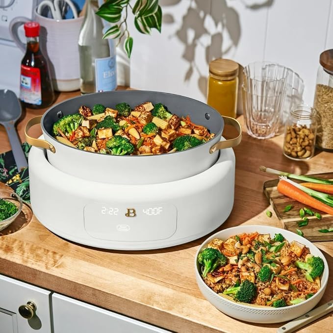 10-in-1 Electric Multi-Cooker, 6-quart, digital display, 10 cooking functions, non-stick pot, easy one-touch control (White Icing)