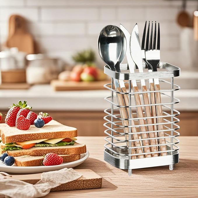 Utensil Holder, Stainless Steel Utensil Drying Rack for Kitchen Counter, Silverware Cutlery Flatware Holder Forks, Knives, Spoons, Chopsticks Organizer (Silver)