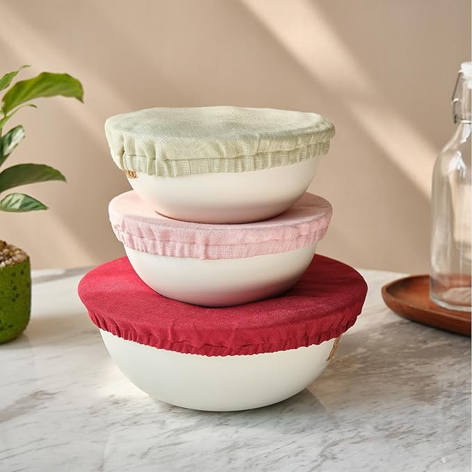 100% Pure Linen Bowl Covers For Bread Proofing, 4 Pcs Elastic Reusable Solid Color Cloth Fabric Bowl Covers,XL Organic Washable Large Stretch Sourdough Lids 6 * 8 * 10 * 12 Inches, Pink