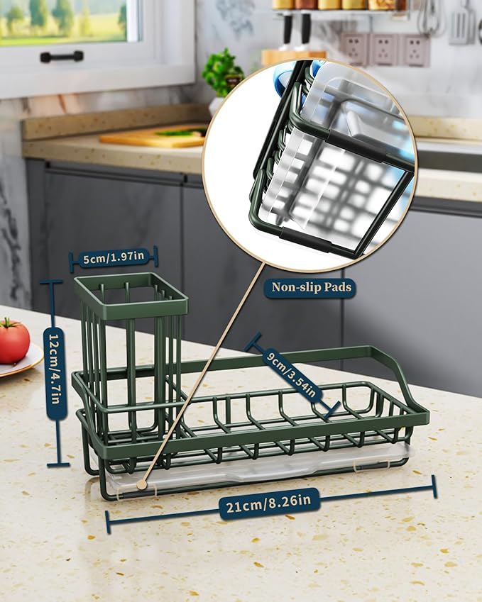 Consumest Sponge Holder for Kitchen Sink - Kitchen Sink Caddy Organizer with Removable Drip Tray for Countertop Dish Soap Dispenser Brush Storage Accessories 304 Stainless Steel, Green
