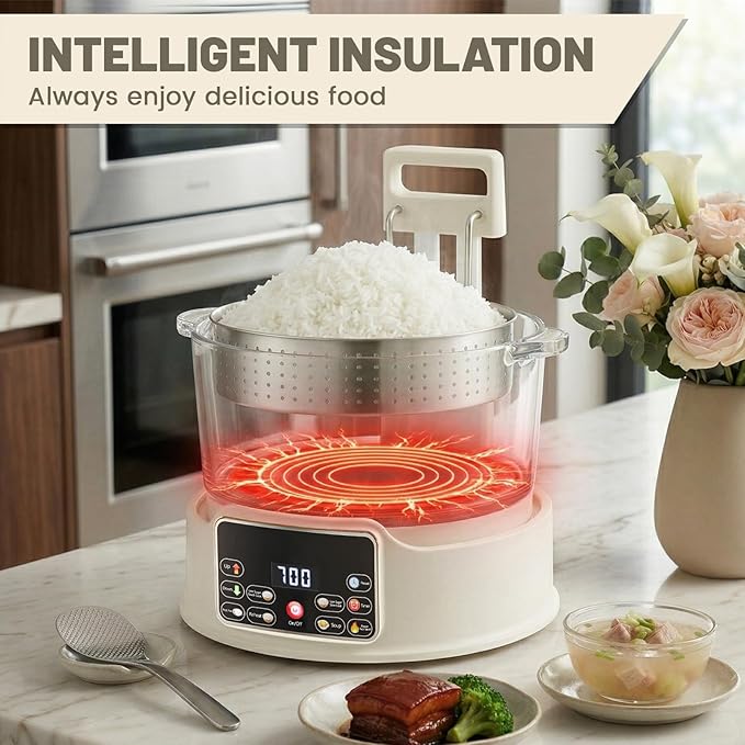 3L Low Carb Rice Cooker,Auto Lift Filter Basket for Low Sugar Rice, 6-Cup Stainless Steel Glass Rice Cooker with Steamer,for Rice, Soup, Oats,Digital Keep Warm (White)