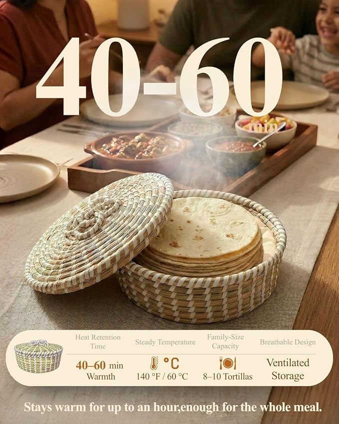 Handwoven Seagrass Tortilla Warmer Basket with Lid, 9.6" Breathable Natural Tortilla Holder with 2 Washable Cotton Liners, Boho Farmhouse Style Server for Tortillas, Roti, Pancake & Flatbread