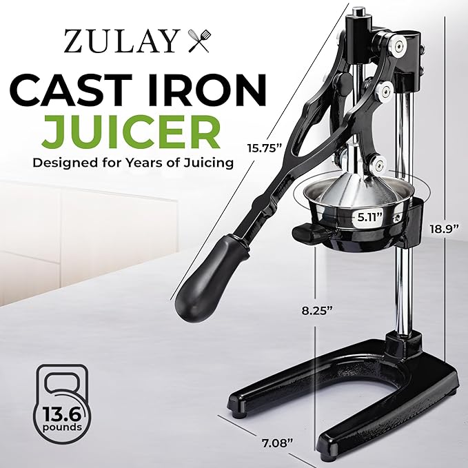Zulay Kitchen Extra Tall Cast Iron Juicer - Fits Any Glass, Heavy Duty Manual Citrus Juicer with Detachable Strainers for Easy Cleaning, Perfect for Bartenders, Juice Lovers & Health Enthusiasts