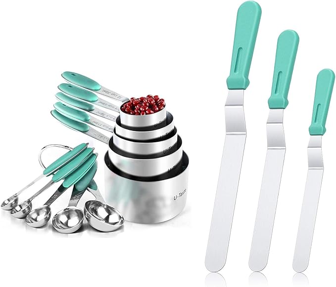 U-Taste 18/8 Stainless Steel Measuring Cups and Spoons Set and 18/0 Stainless Steel Offset Icing Spatula Set (Aqua Sky)