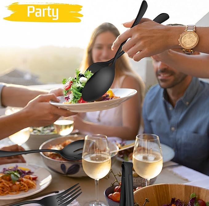 Large Black Serving Utensils Set of 12, E-far Stainless Steel 9.8 Inch Serving Spoons Slotted Spoon, 9.9 Inch Forks, 9.4 Inch Tong for Buffet Catering, Mirror Finish & Dishwasher Safe