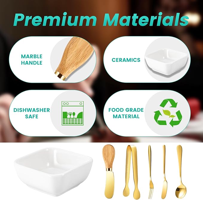 Charcuterie Board Accessories With 3 Oz Ceramic Dip Bowls, Wooden Handle Gold Cheese Spreader Butter Knive Set Kit, Mini Tongs, Spoons, Forks,Honey Dipper, Cocktail Picks