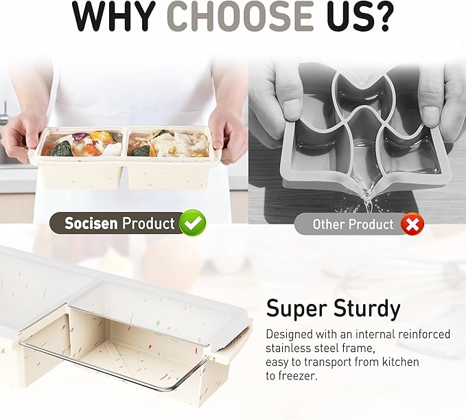 Silicone Freezer Tray with Lid Soup Freezer Container Molds with Steel Reinforced Rim Large Ice Cube Freezer Molds Soup, Sauce, Leftovers, Homemade Meal Prep Freezing Kitchen Storage Containers Cream