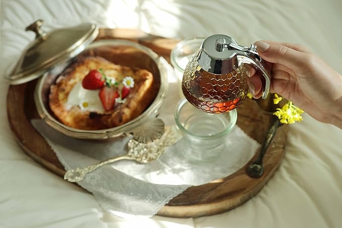 PAULSWAY Stainless Steel Shaft, Glass Honey Dispenser, Sleek Silver ABS Lid – No Drip Glass with Stand – 8 oz Honey Jar – Honeycomb Design Container – Honey Pot for Honey, Maple Syrup