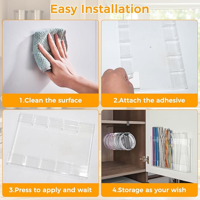 Kitchen Cabinet Straw Holder: Acrylic Organizer and Hanging Lid Rack with Adhesive for Door – Cup Tumbler Accessories Storage Set
