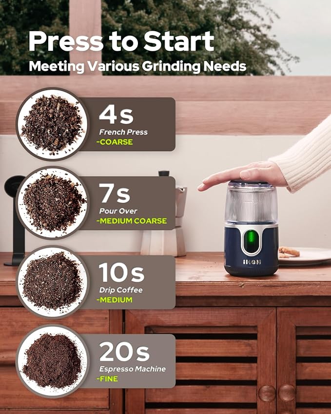 Cordless Coffee Grinder Electric - USB Rechargeable, 304 Stainless Steel Blade, 85 Grinds Per Charge, for Espresso, Spices, Home, Travel, Camping - Blue