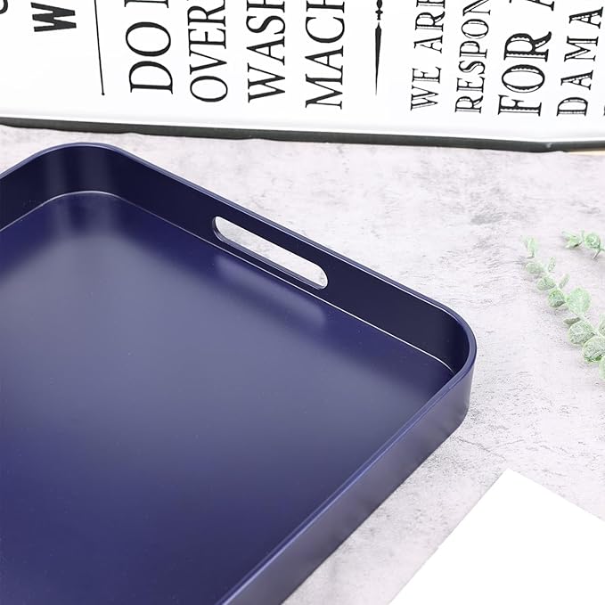 Square Navy Blue Decorative Serving Tray with Handles, Versatile Ottoman Tray for Coffee Table, Entertaining, Outdoor Patio, Living Room, 13”*13”*1.6”