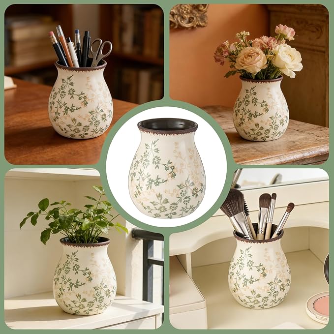 Rustic Ceramic Utensil Holder for Kitchen Counter Farmhouse Cooking Utensil Crock Vintage Kitchen Utensil Organizer Spatula Spoon Holder for Countertop Kitchen Decor (Springtime Green Vine)