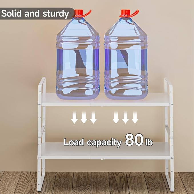 2Pack 16.5-27’’L Expandable Cabinet Shelf Organizers, Stackable Metal Shelves Extender for Kitchen Countertop Storage, Adjustable Spices Shelves Rack Stand for Cupboard Pantry, White