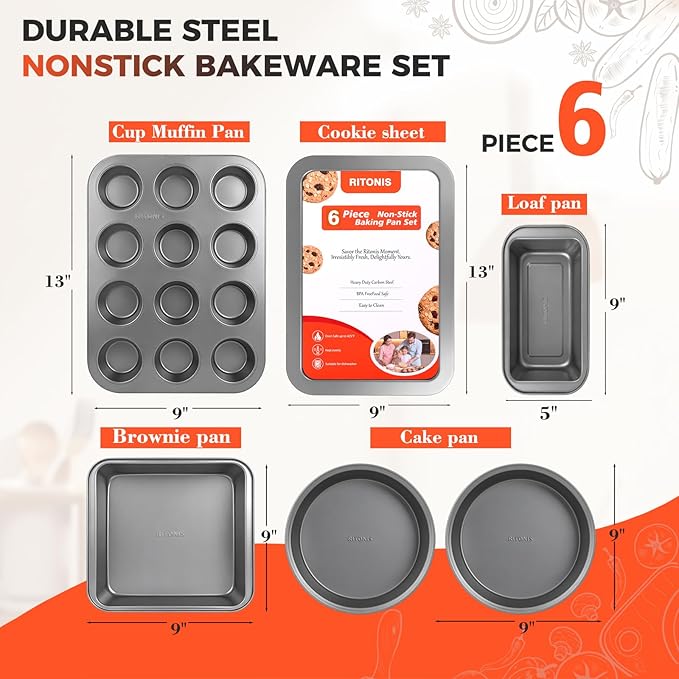 6-Piece Baking Pans Set, Non-stick Bakeware Sets Non-Toxic Baking Sheet Sets for Cooking, Include Round＆Square Cake Pan,Bread Pan,Muffin Pan, Cookie Sheet,with Baking Glove,Black