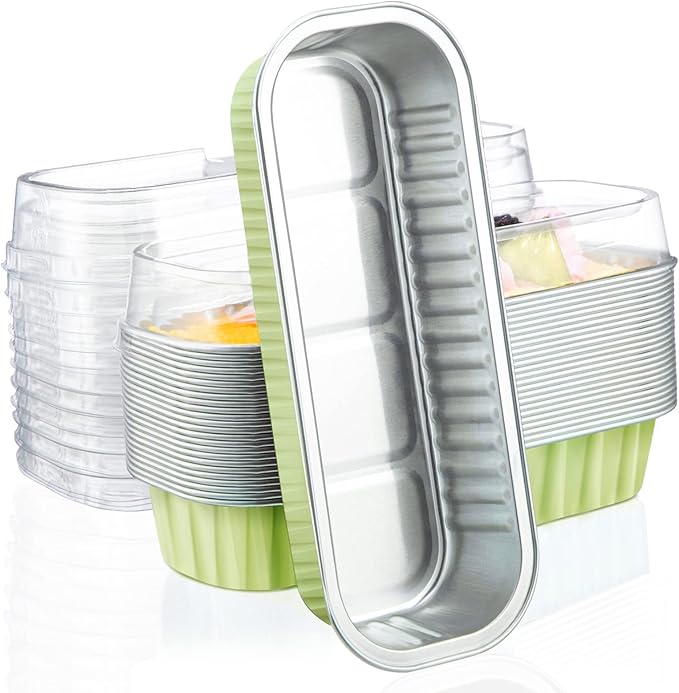 EUSOAR Foil Ramekins with Lids, 25pcs 6.8oz 6.5"x2.5"x1.2" Disposable Aluminum Mini Loaf Pans with Lids, Rectangle Cupcake Baking Cups Containers Wrappers，Dessert Cheesecake Creme Brulee Ramekins Pan