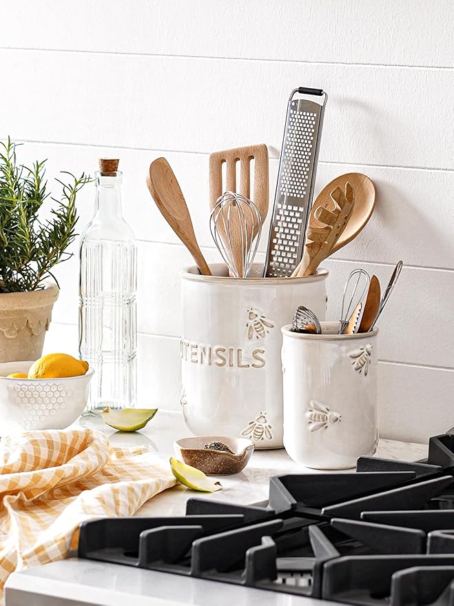 LE TAUCI Utensil Holder for Kitchen Counter - 6.9"+5.3" Ceramic Kitchen Utensil Holder Set of 2, Large Cooking Utensil Crock & Organizer for Spatula, Spoon - Embossed Kitchen Decor, White,Bee
