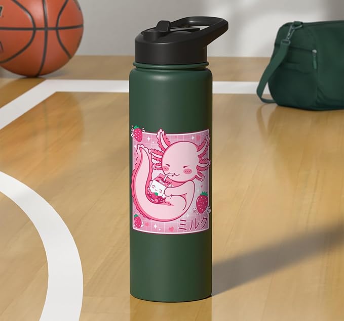 Kawaii Axolotl Strawberry Milk Shake Carton Japanese Anime Stainless Steel Insulated Water Bottle